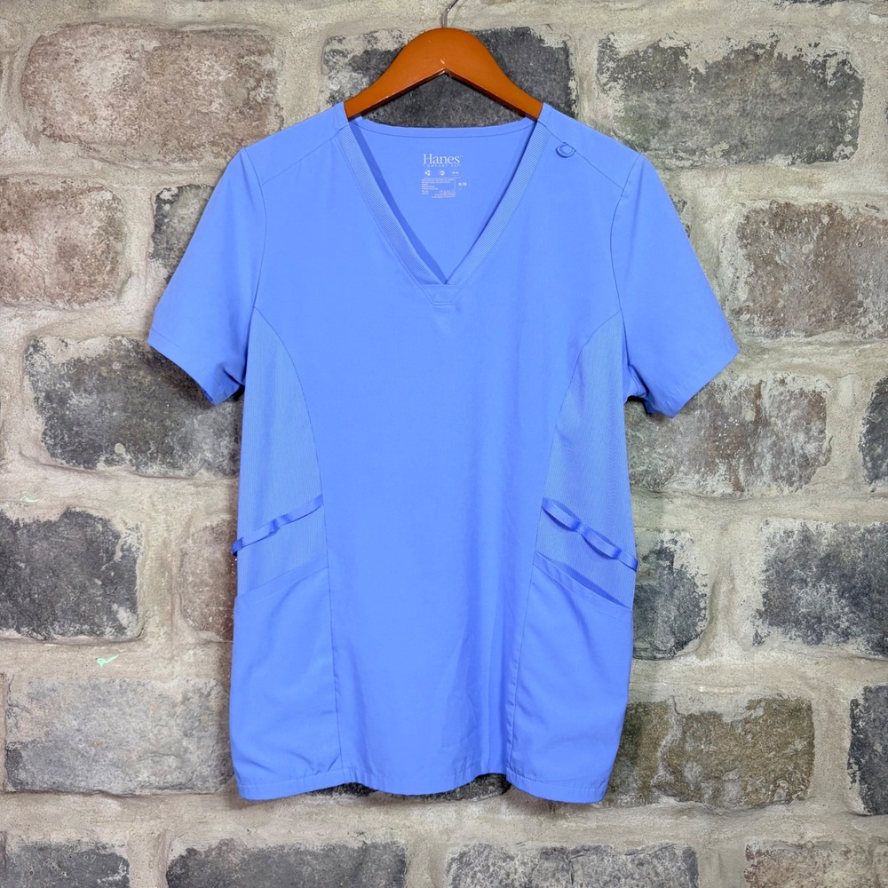 Hanes Comfort Fit Women Ceil Blue V-Neck Medical‎ Scrub Top Ribbed Panels Medium